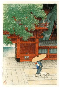 Hasui Kawase – Twelve Subjects of Tokyo : Sanno Shrine in the Early Summer Rain [from Kawase Hasui 130th Anniversary Exhibition Catalogue]. Free illustration for personal and commercial use.