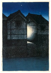 Hasui Kawase – Twelve Subjects of Tokyo : Shinkawa at Night [from Kawase Hasui 130th Anniversary Exhibition Catalogue]. Free illustration for personal and commercial use.