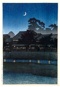 Hasui Kawase – Souvenirs of My Travels, 1st Series : Nagare Pleasure Quarter, Kanazawa [from Kawase Hasui 130th Anniversary Exhibition Catalogue]. Free illustration for personal and commercial use.
