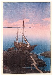 Hasui Kawase – Souvenirs of My Travels, 1st Series : Boat Carrying Stones (Boshu) [from Kawase Hasui 130th Anniversary Exhibition Catalogue]. Free illustration for personal and commercial use.