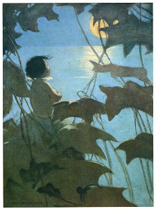 Jessie Willcox Smith – He looked up at the broad yellow moon and thought that she looked at him. [from The Water Babies]. Free illustration for personal and commercial use.