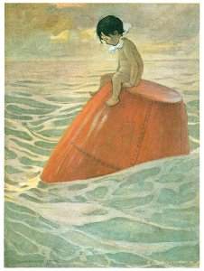 Jessie Willcox Smith – Tom sat upon the buoy long days, long weeks, looking out to sea. [from The Water Babies]. Free illustration for personal and commercial use.