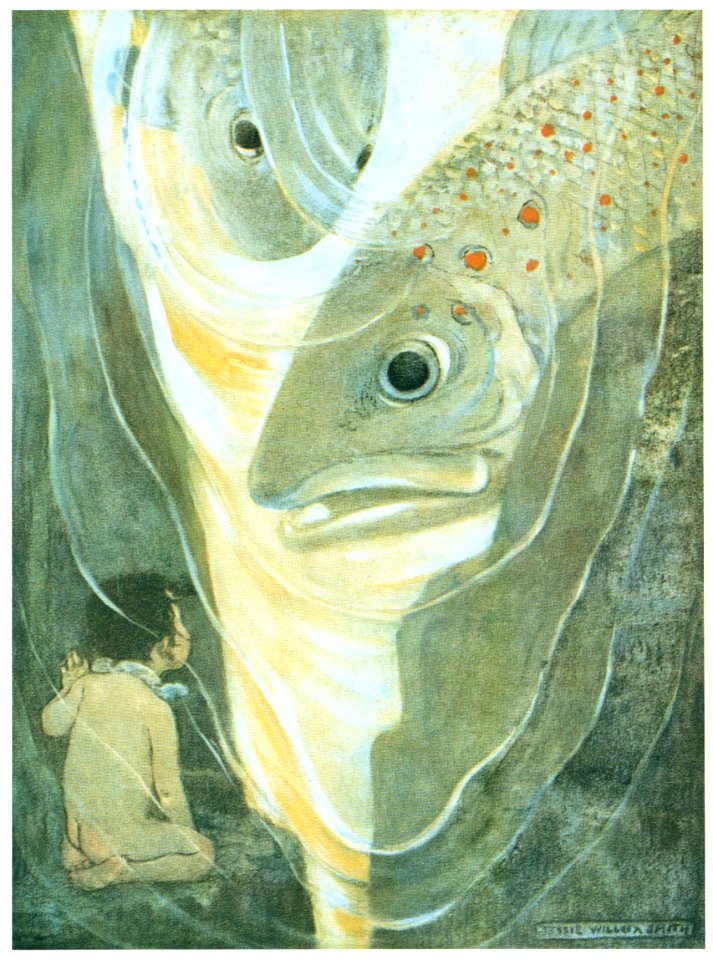 Jessie Willcox Smith – “Oh, don’t hurt me! cried Tom. I only want to look at you; you are so handsome” [from The Water Babies]. Free illustration for personal and commercial use.