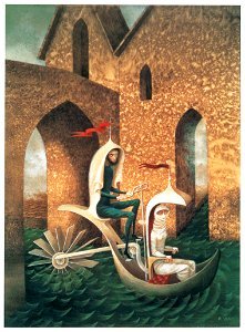Remedios Varo – Taxi acuático [from Exhibition Catalog of Remedios Varo 1999]. Free illustration for personal and commercial use.