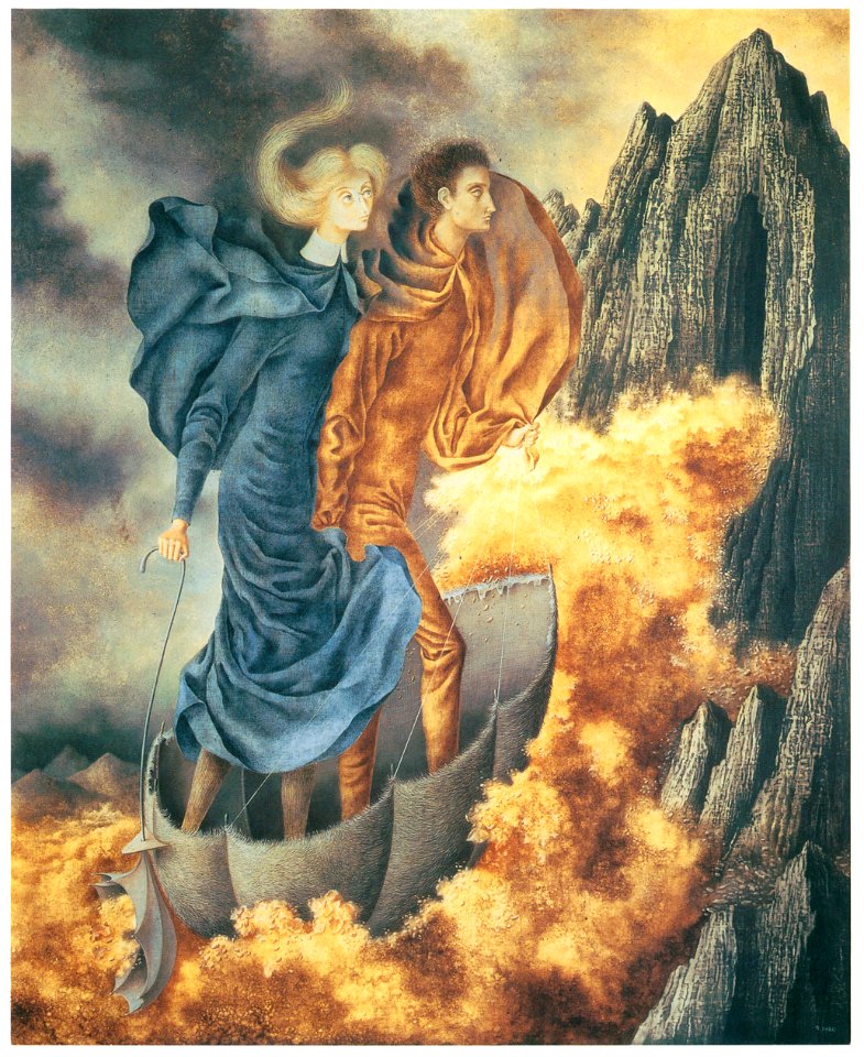 Remedios Varo – La huida [from Exhibition Catalog of Remedios Varo 1999]. Free illustration for personal and commercial use.