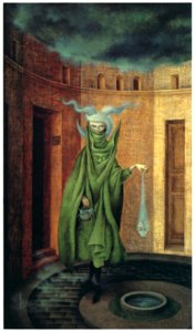 Remedios Varo – Mujer Saliendo del Psicoanalista [from Exhibition Catalog of Remedios Varo 1999]. Free illustration for personal and commercial use.