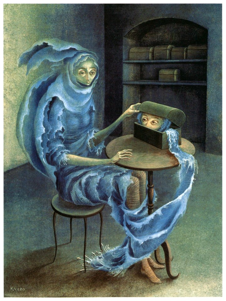 Remedios Varo – Encuentro [from Exhibition Catalog of Remedios Varo 1999]. Free illustration for personal and commercial use.