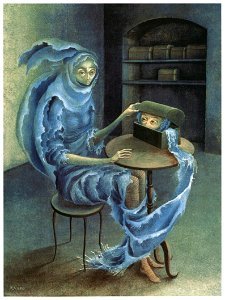 Remedios Varo – Encuentro [from Exhibition Catalog of Remedios Varo 1999]. Free illustration for personal and commercial use.