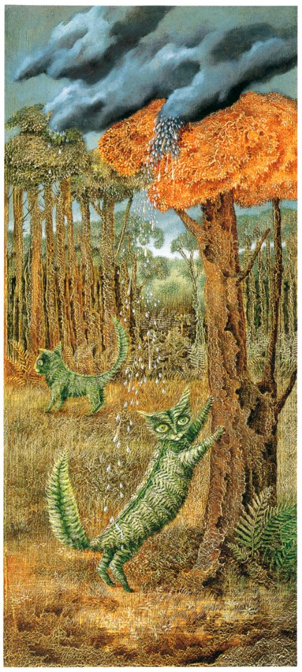 Remedios Varo – El gato heiecho [from Exhibition Catalog of Remedios Varo 1999]. Free illustration for personal and commercial use.
