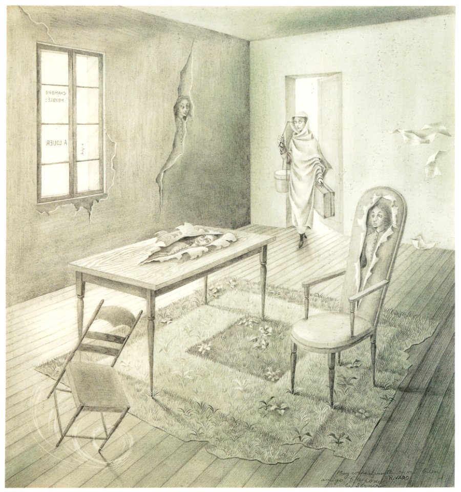 Remedios Varo – Visita al pasado [from Exhibition Catalog of Remedios Varo 1999]. Free illustration for personal and commercial use.