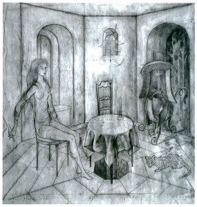 Remedios Varo – Visita inesperada [from Exhibition Catalog of Remedios Varo 1999]. Free illustration for personal and commercial use.