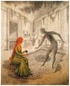 Remedios Varo – Les feuilles mortes [from Exhibition Catalog of Remedios Varo 1999]. Free illustration for personal and commercial use.