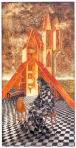 Remedios Varo – Ciencia inútil o El alquimista [from Exhibition Catalog of Remedios Varo 1999]. Free illustration for personal and commercial use.