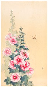 Ohara Koson – Bee and Common Hollyhock [from Hanga Geijutsu No.180]. Free illustration for personal and commercial use.