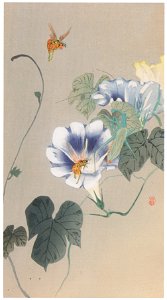 Ohara Koson – Bee, Mantis and Morning Glory [from Hanga Geijutsu No.180]. Free illustration for personal and commercial use.