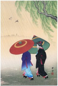 Ohara Koson – Two Women in the Rain [from Hanga Geijutsu No.180]. Free illustration for personal and commercial use.
