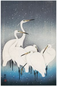 Ohara Koson – Egrets in Snow [from Hanga Geijutsu No.180]. Free illustration for personal and commercial use.