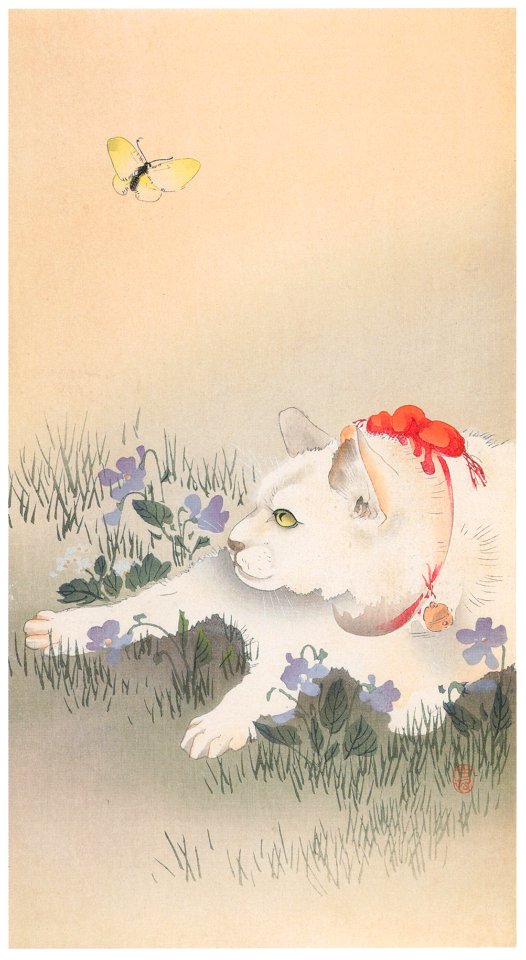 Ohara Koson – Violet, Cat and Butterfly [from Hanga Geijutsu No.180]. Free illustration for personal and commercial use.