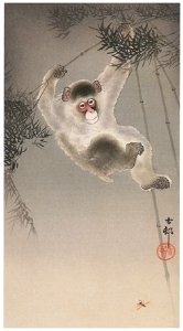 Ohara Koson – Bamboo, Monkey and Bee [from Hanga Geijutsu No.180]. Free illustration for personal and commercial use.