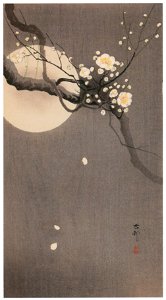 Ohara Koson – White Plum with Moon [from Hanga Geijutsu No.180]. Free illustration for personal and commercial use.