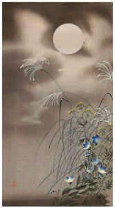 Ohara Koson – Autumn Flower with Moon [from Hanga Geijutsu No.180]. Free illustration for personal and commercial use.