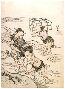 Katsushika Hokusai – The Toba-e Collection Series : River Crossing [from Meihin Soroimono Ukiyo-e]. Free illustration for personal and commercial use.