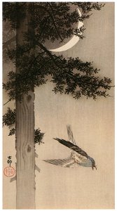 Ohara Koson – Alpine Accentor with Crescent Moon [from Hanga Geijutsu No.180]. Free illustration for personal and commercial use.