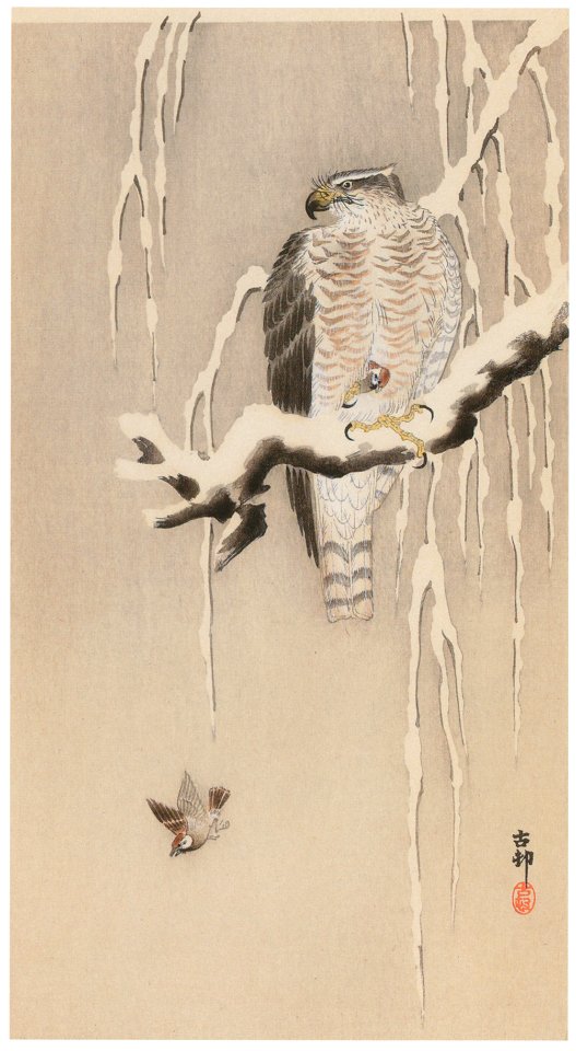 Ohara Koson – Goshawk and Sparrows [from Hanga Geijutsu No.180]