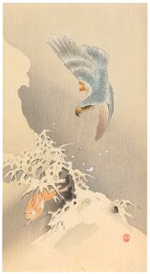 Ohara Koson – Northern Goshawk Chasing a Rabbit [from Hanga Geijutsu No.180]. Free illustration for personal and commercial use.