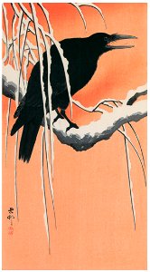 Ohara Koson – Crow on Snowy Branch [from Hanga Geijutsu No.180]. Free illustration for personal and commercial use.