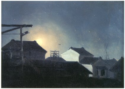 Takahashi Yuichi – Moon Rising above the Rooftops [from Takahashi Yuichi: Pioneer of Modern Western-style Painting]. Free illustration for personal and commercial use.