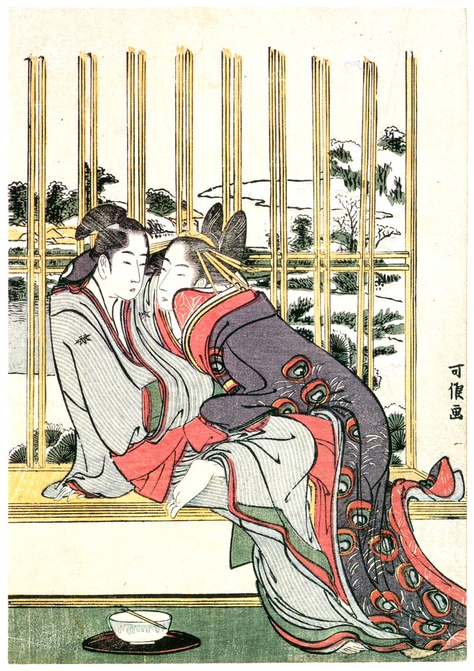 Katsushika Hokusai – Lingering Snow for Azuma and Yohei (Eight Views of Tragic Lovers) [from Meihin Soroimono Ukiyo-e]
