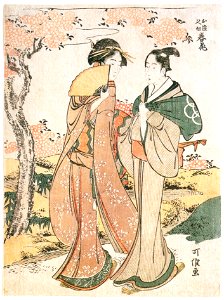 Katsushika Hokusai – Spring Flowers for Osome and Hisamatsu (Eight Views of Tragic Lovers) [from Meihin Soroimono Ukiyo-e]. Free illustration for personal and commercial use.