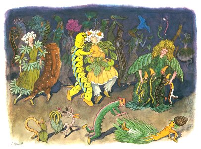 Ernst Kreidolf – Caterpillars’ Dance [from Lenzgesind ]. Free illustration for personal and commercial use.