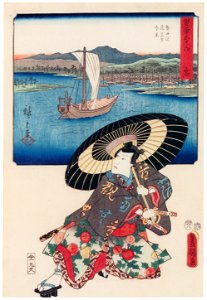 Utagawa Kunisada and Utagawa Hiroshige – Miya: Distant View of Atsuta Station and Nezame Village; Actor Ichikawa Danjûrô VIII as Taira no Kagekiyo [from The Fifty-three Stations by Two Brushes]