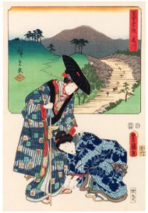 Utagawa Kunisada and Utagawa Hiroshige – Fujikawa: Women Travellers [from The Fifty-three Stations by Two Brushes]. Free illustration for personal and commercial use.