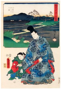 Utagawa Kunisada and Utagawa Hiroshige – Chiryû: Historical Site of the Iris at Yatsuhashi VIllage; Narihira at Yatsuhashi [from The Fifty-three Stations by Two Brushes]. Free illustration for personal and commercial use.