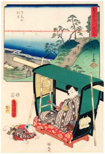 Utagawa Kunisada and Utagawa Hiroshige – Shirasuka: Panoramic View of Shiomizaka; Actor Ichikawa Danjûrô VIII as Jiraiya [from The Fifty-three Stations by Two Brushes]. Free illustration for personal and commercial use.