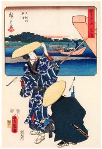 Utagawa Kunisada and Utagawa Hiroshige – Mitsuke: Ferryboat on the Tenryû River; Travellers at the Tenryû River [from The Fifty-three Stations by Two Brushes]. Free illustration for personal and commercial use.