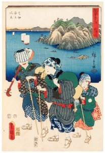 Utagawa Kunisada and Utagawa Hiroshige – Maisaka: View of the Sea at Imagiri; Blind Women Musicians on a Journey [from The Fifty-three Stations by Two Brushes]. Free illustration for personal and commercial use.