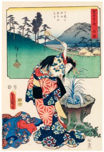 Utagawa Kunisada and Utagawa Hiroshige – Nissaka: Sayo no Nakayama and a Distant View of Mount Muken; the Bell of Muken [from The Fifty-three Stations by Two Brushes]. Free illustration for personal and commercial use.