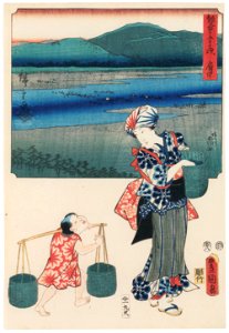Utagawa Kunisada and Utagawa Hiroshige – Fuchû: Fording the Abe River; Gathering Abe Tea [from The Fifty-three Stations by Two Brushes]. Free illustration for personal and commercial use.