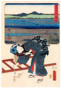 Utagawa Kunisada and Utagawa Hiroshige – Shimada: Woman Traveller at the Ôi River [from The Fifty-three Stations by Two Brushes]. Free illustration for personal and commercial use.