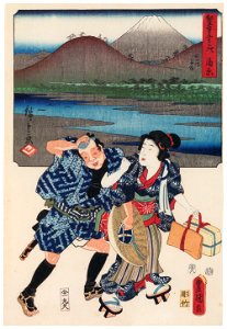 Utagawa Kunisada and Utagawa Hiroshige – Kanbara: Ferry at the Fuji River; Pulling in Customers for an Inn [from The Fifty-three Stations by Two Brushes]. Free illustration for personal and commercial use.