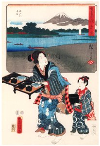Utagawa Kunisada and Utagawa Hiroshige – Hiratsuka: Ferry at the Banyû River; Serving Women at an Inn with Food [from The Fifty-three Stations by Two Brushes]. Free illustration for personal and commercial use.