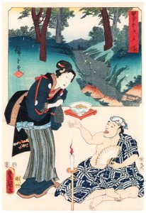 Utagawa Kunisada and Utagawa Hiroshige – Totsuka: Traveller and Waitress at an Inn [from The Fifty-three Stations by Two Brushes]. Free illustration for personal and commercial use.