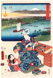 Utagawa Kunisada and Utagawa Hiroshige – Kawasaki: Ferry on the Rokugô River; Strawcraft [from The Fifty-three Stations by Two Brushes]. Free illustration for personal and commercial use.