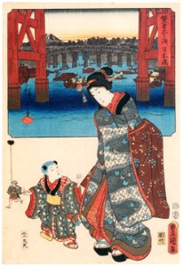 Utagawa Kunisada and Utagawa Hiroshige – Nihonbashi: Fish Market , Toy Footman [from The Fifty-three Stations by Two Brushes]. Free illustration for personal and commercial use.
