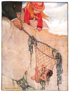 Jessie Willcox Smith – He felt the net very heavy and lifted it out quickly with Tom all entangled in the meshes (The Water Babies by Charles Kingsley) [from Jessie Willcox Smith: American Illustrator]. Free illustration for personal and commercial use.