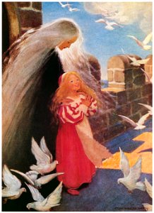 Jessie Willcox Smith – She clapped her hands with delight, and up rose such a flapping of wings (The Princess and the Goblin by George MacDonald) [from Jessie Willcox Smith: American Illustrator]. Free illustration for personal and commercial use.